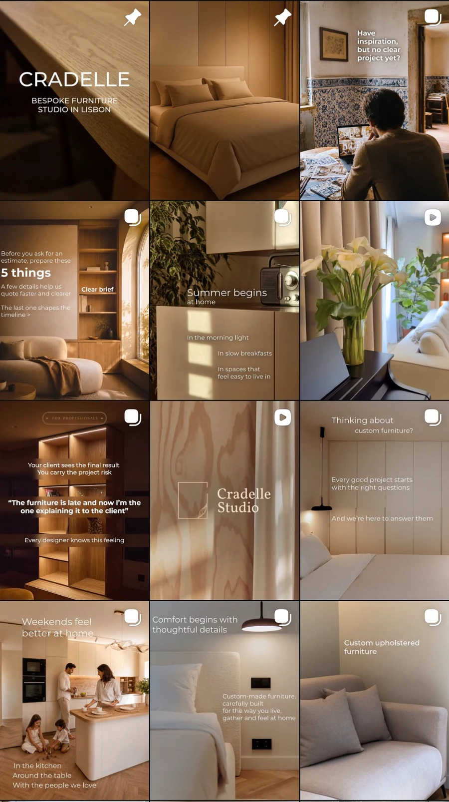 An anonymised Instagram grid from a bespoke furniture client